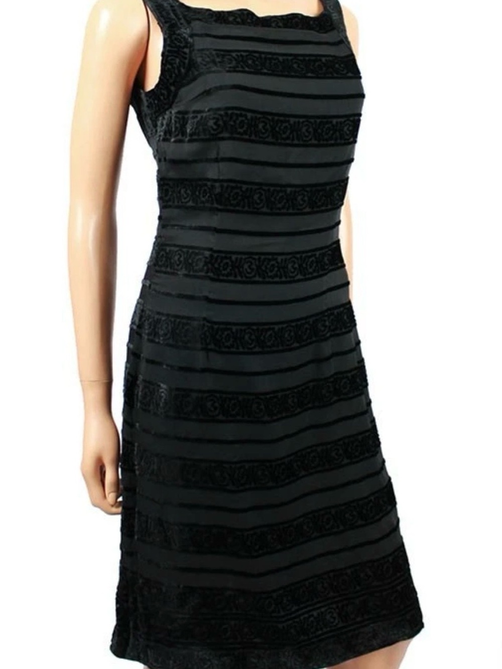Coldwater Creek 12P Black Burnout Floral Stripe Velvet Square Neck Sheath Dress